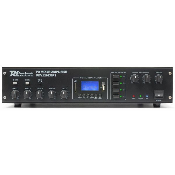 Power Dynamics V120ZMP3 - Amplificateur 4 zones, 120 W 100 V, SD/MP3/USB - Noir