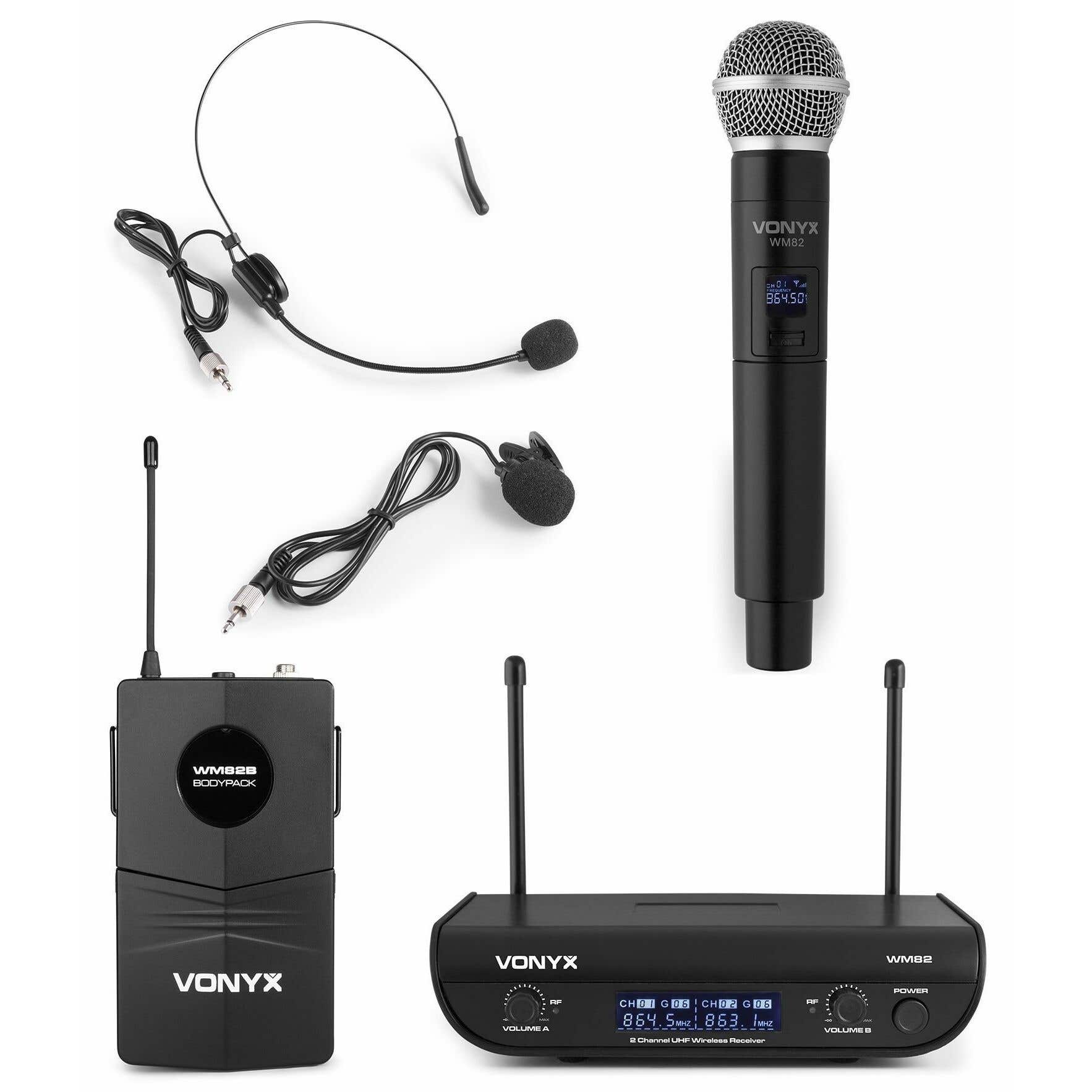 Vonyx WM82C - 1 Micro à Main et 1 un Micro Casque avec Émetteurs de Poche UHF