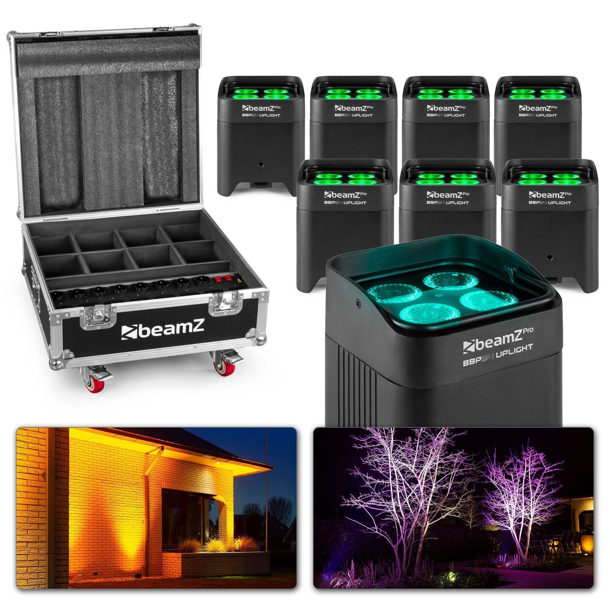 BeamZ BBP54 - Lot de 8 Projecteurs PAR Uplight sur Baterie IP65 RGBAW-UV WDMX 48 Watts avec Flightcase