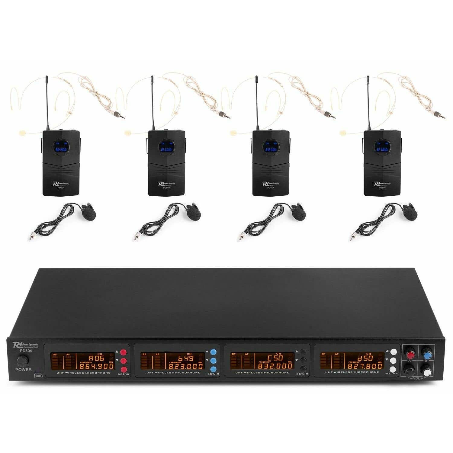 Power Dynamics PD504B - Set micro sans fil UHF, 4 émetteurs de poche, livré dans une valise en aluminium