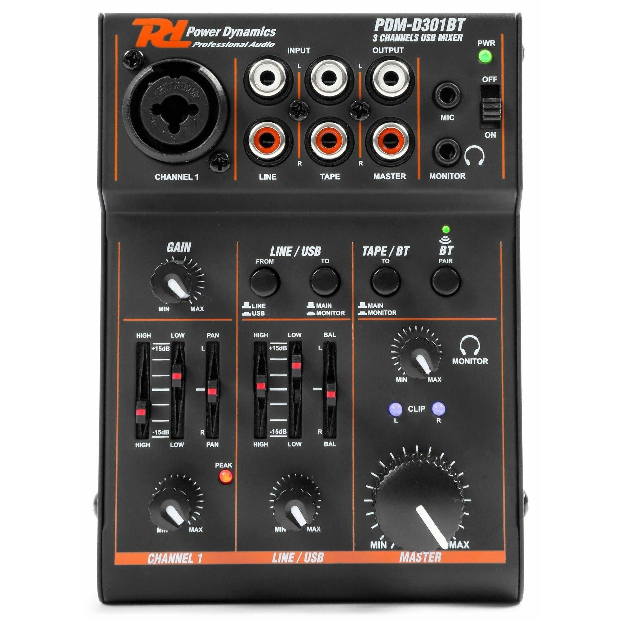Power Dynamics PDM-D301BT - Console de mixage, 3 canaux, alimentation USB, Entrée XLR et RCA