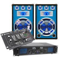 SkyTec Blue Set DJ pack complet - Amplificateur, haut-parleurs Disco LED 700W et table de mixage