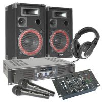 SkyTec Pack Complet - Paire d'Enceintes 500W avec Amplificateur, Table de Mixage, Casque Audio, 2x Microphones et Câbles