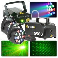 BeamZ lichtset met Laser, PAR spots en 500W rookmachine