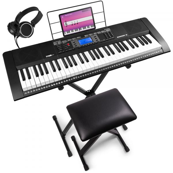 Max Rhapsody61 - Clavier Électronique 61 Touches Pack Complet Débutant - avec Banc, Stand, Micro et Casque