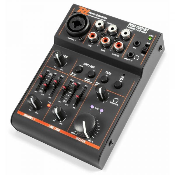 Power Dynamics PDM-D301BT - Console de Mixage, 3 Canaux, Alimentation USB, Entrée XLR et RCA