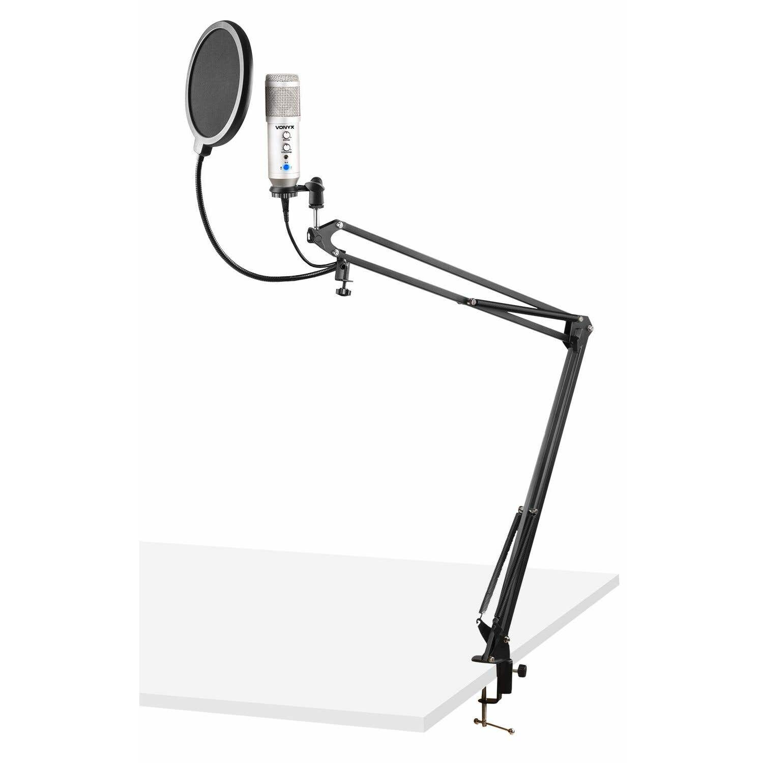 Vonyx CMS320T - Microphone Studio USB avec Bras Articulé Réglable et Filtre Anti-Pop - Titane
