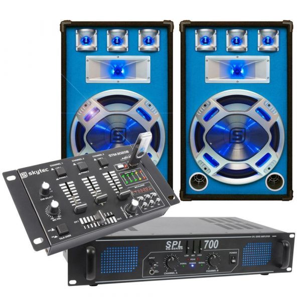 SkyTec Blue Set DJ Pack Complet - Amplificateur, Haut-Parleurs Disco LED 700W et Table de Mixage