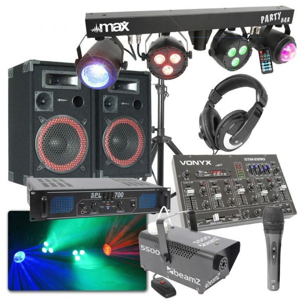 Skytec Ensemble Complet Disco DJ - Enceinte 700W, Lumières, Amplificateur, Machine à Fumée et Table de Mixage