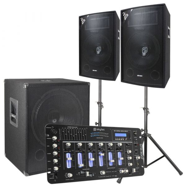 SkyTec 2.1 Set DJ Live Complet 1600 Watts avec Table de Mixage et Câbles