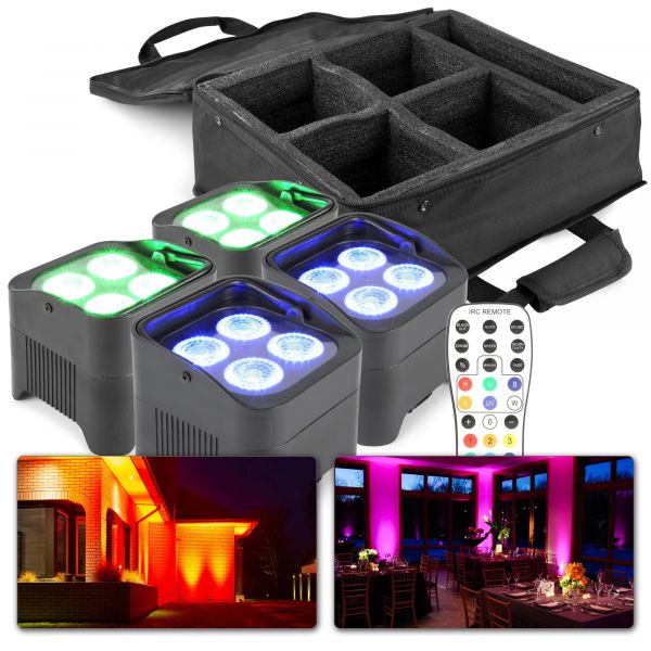 BeamZ BBP94 - Lot 4 Projecteurs PAR Uplight sur Batterie RGB-UV DMX 40 Watts avec Sac de Transport