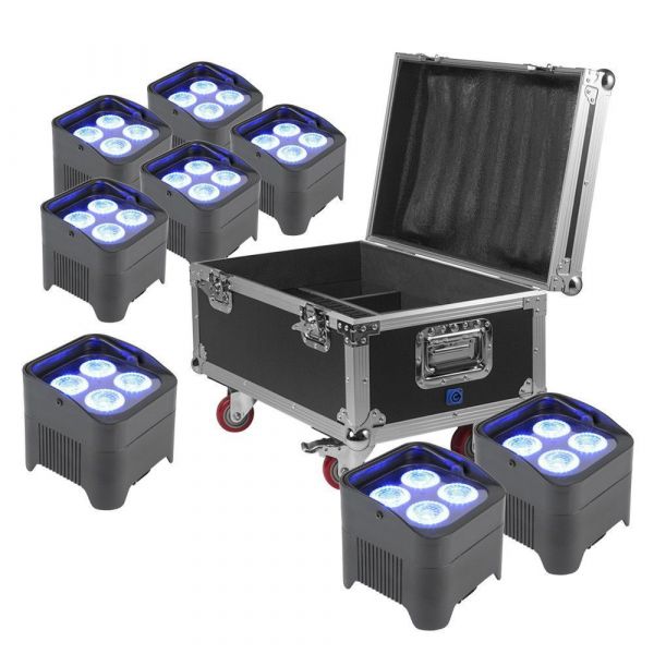 BeamZ BBP94 - Lot de 8 Projecteurs PAR Uplight sur Batterie RGB-UV DMX 40 Watts avec Flightcase