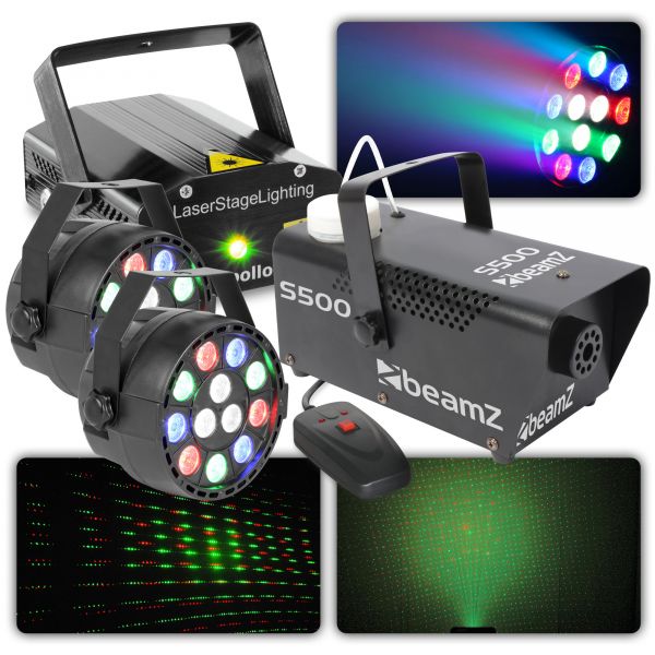 Kit Complet d'Éclairage BeamZ avec Laser, Spots PAR et Machine à Fumée 500W