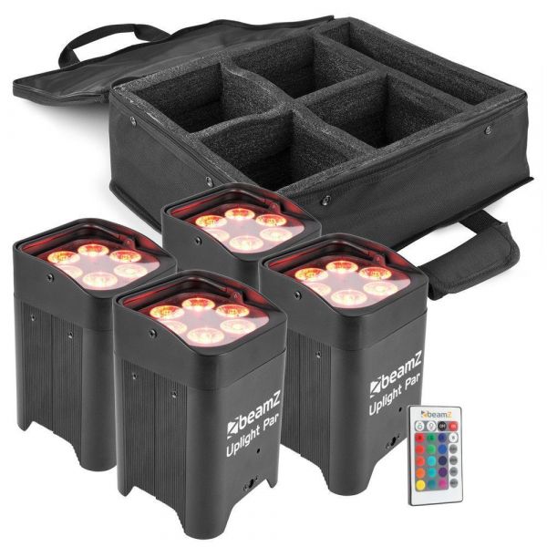 BeamZ BBP96 - Lot de 4 Projecteurs PAR LED sur Batterie RGBAW-UV DMX 72 Watts avec Valise