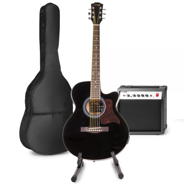 Max ShowKit - Guitare Électro-Acoustique Pack Débutant Ampli 40 Watts et Stand - Noire