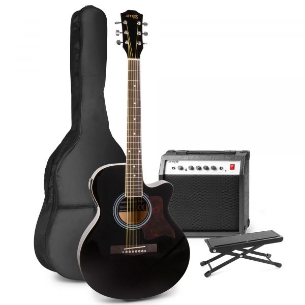 Max ShowKit - Guitare Électro-Acoustique Pack Débutant Ampli 40 Watts et Repose-pied - Noire