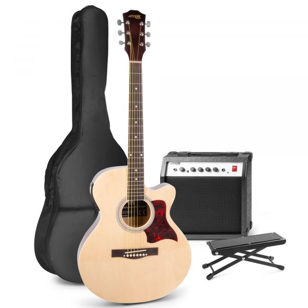 Max ShowKit - Guitare Électro-Acoustique Pack Débutant Ampli 40 Watts et Repose-pied - Couleur Érable