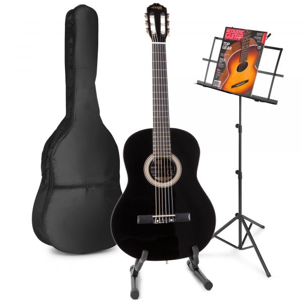 Max SoloArt - Guitare Acoustique Classique Pack Débutant avec Pupitre et Stand - Noire