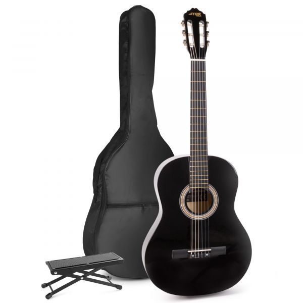 Max SoloArt - Guitare Acoustique Classique Pack Débutant avec Repose-Pied - Noire