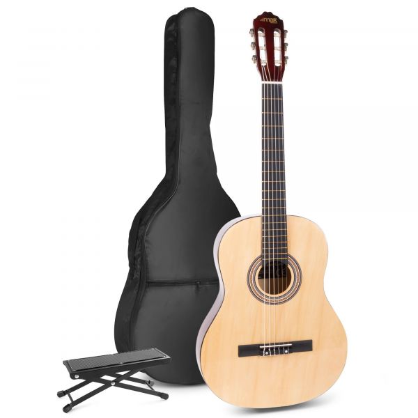 Max SoloArt - Guitare Acoustique Classique Pack Débutant avec Repose-Pied - Couleur Érable