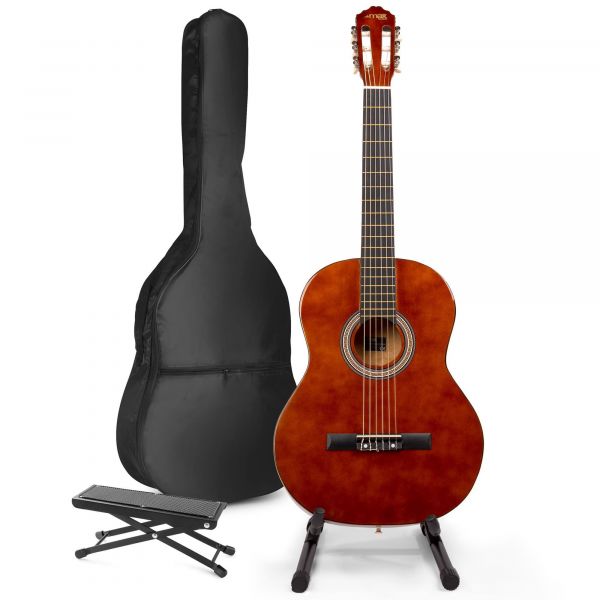 Max SoloArt - Guitare Acoustique Classique Pack Débutant avec Stand et Repose-Pied - Couleur Noyer