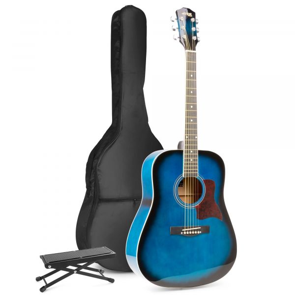 Max SoloJam Western - Guitare Acoustique Pack Débutant avec Repose-Pied - Bleue