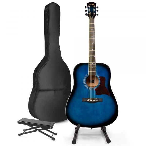 Max SoloJam - Guitare Acoustique Pack Débutant avec Stand et Repose-Pied - Bleue