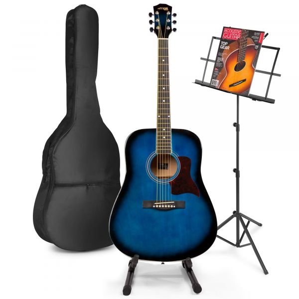 Max SoloJam Western - Guitare Acoustique Pack Débutant avec Pupitre et Stand - Bleue