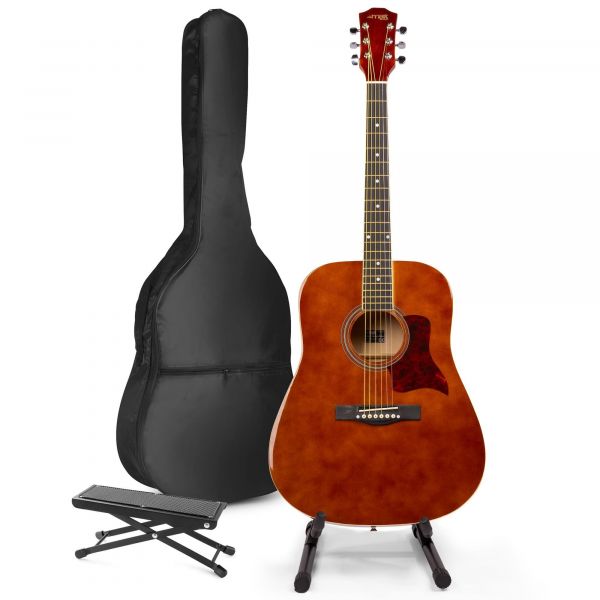 Max SoloJam Western - Guitare Acoustique Pack Débutant avec Stand et Repose-Pied - Couleur Noyer