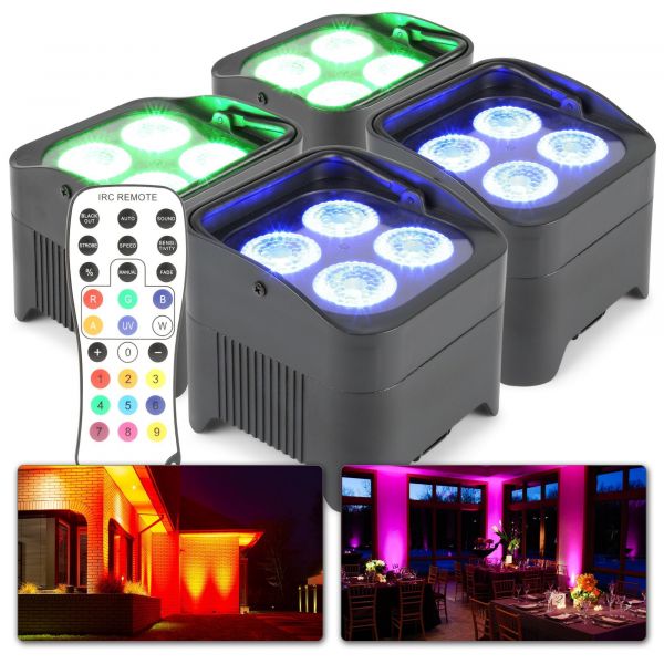 BeamZ BBP94 - Lot de 4 Projecteurs PAR Uplight sur Batterie RGB-UV DMX - 40 Watts