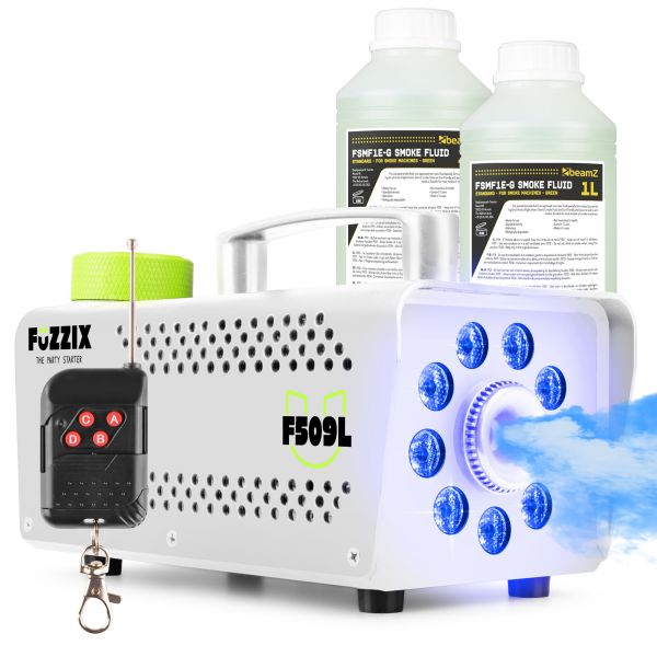 Fuzzix F509LW Pack Machine à Fumée 500 Watts avec 9 LEDs RGB, 2L de Liquide - Blanc