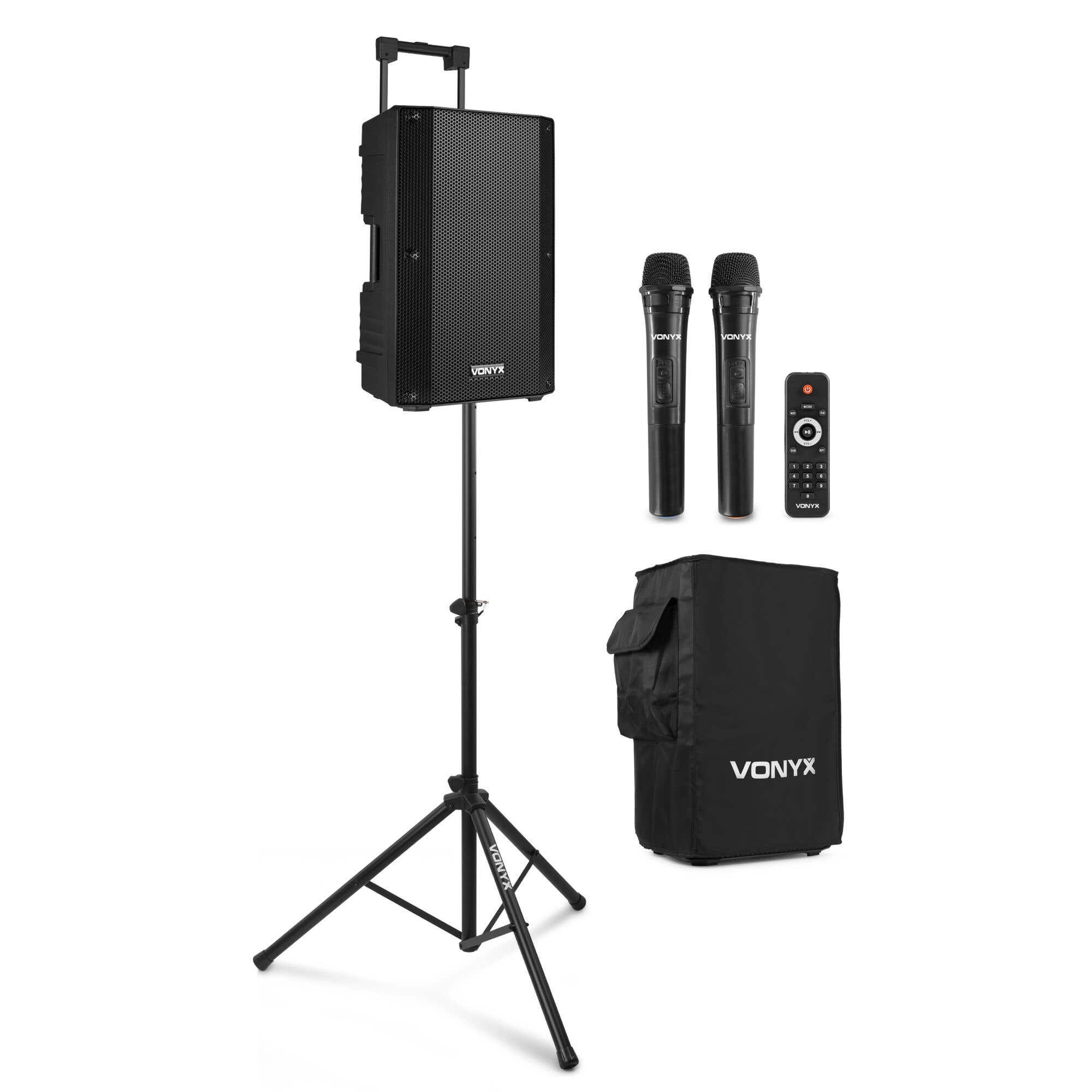 Vonyx VSA500 - Enceinte Sono Portable 800W avec Housse, 2 Micros Main et Pied d'Enceinte