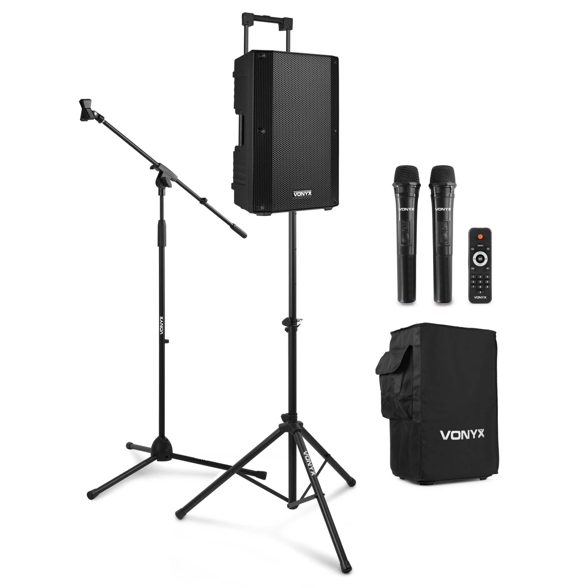 Vonyx VSA500 - Enceinte Sono Portable 800W avec Housse, 2 Micros Main, Pied d'Enceinte et Pied de Micro