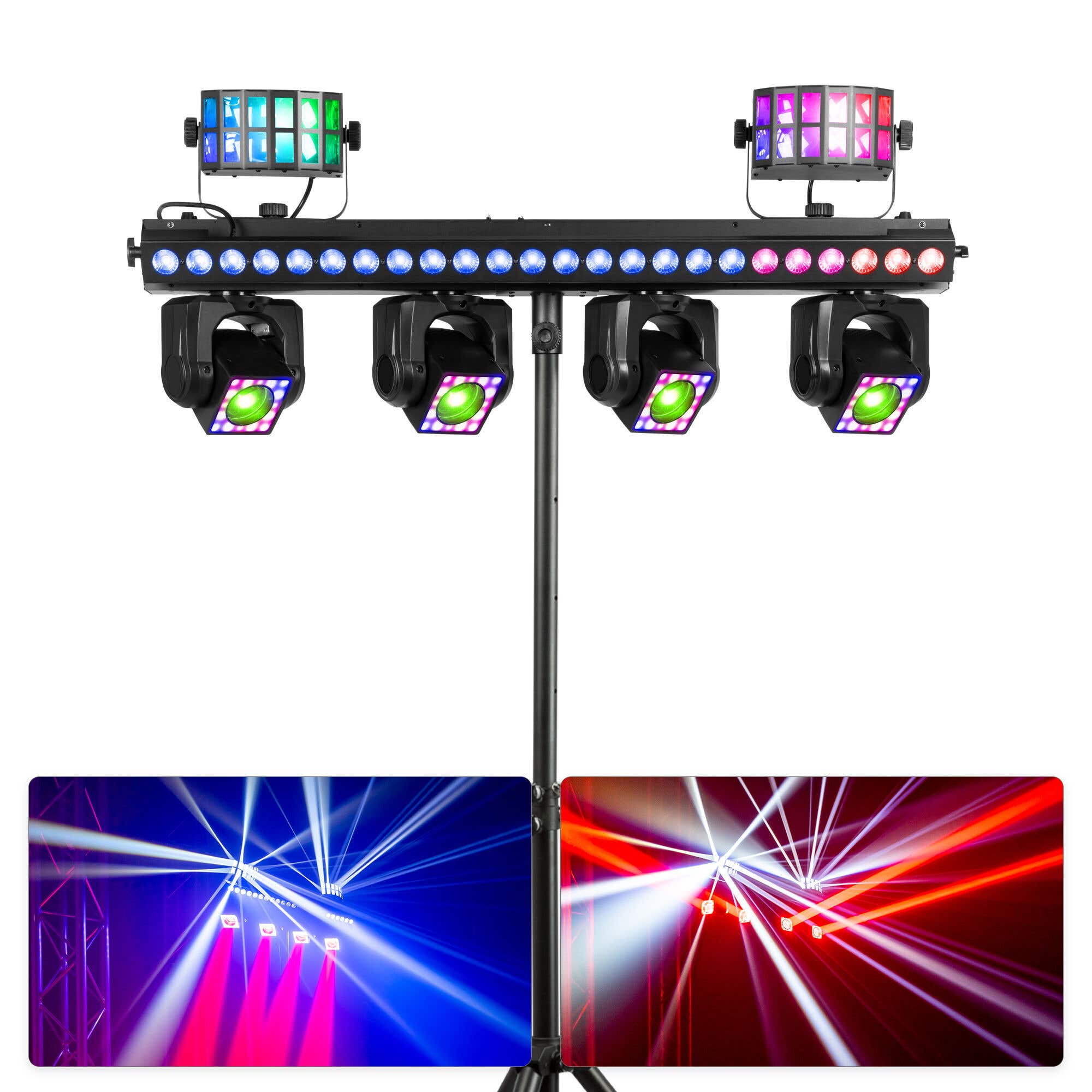 BeamZ Showbar GO Ultra - Barre 4 Lyres LED RGBW 160W avec Barre LED, Derby et Anneaux LED + Pied - Éclairage DJ Scène Complet