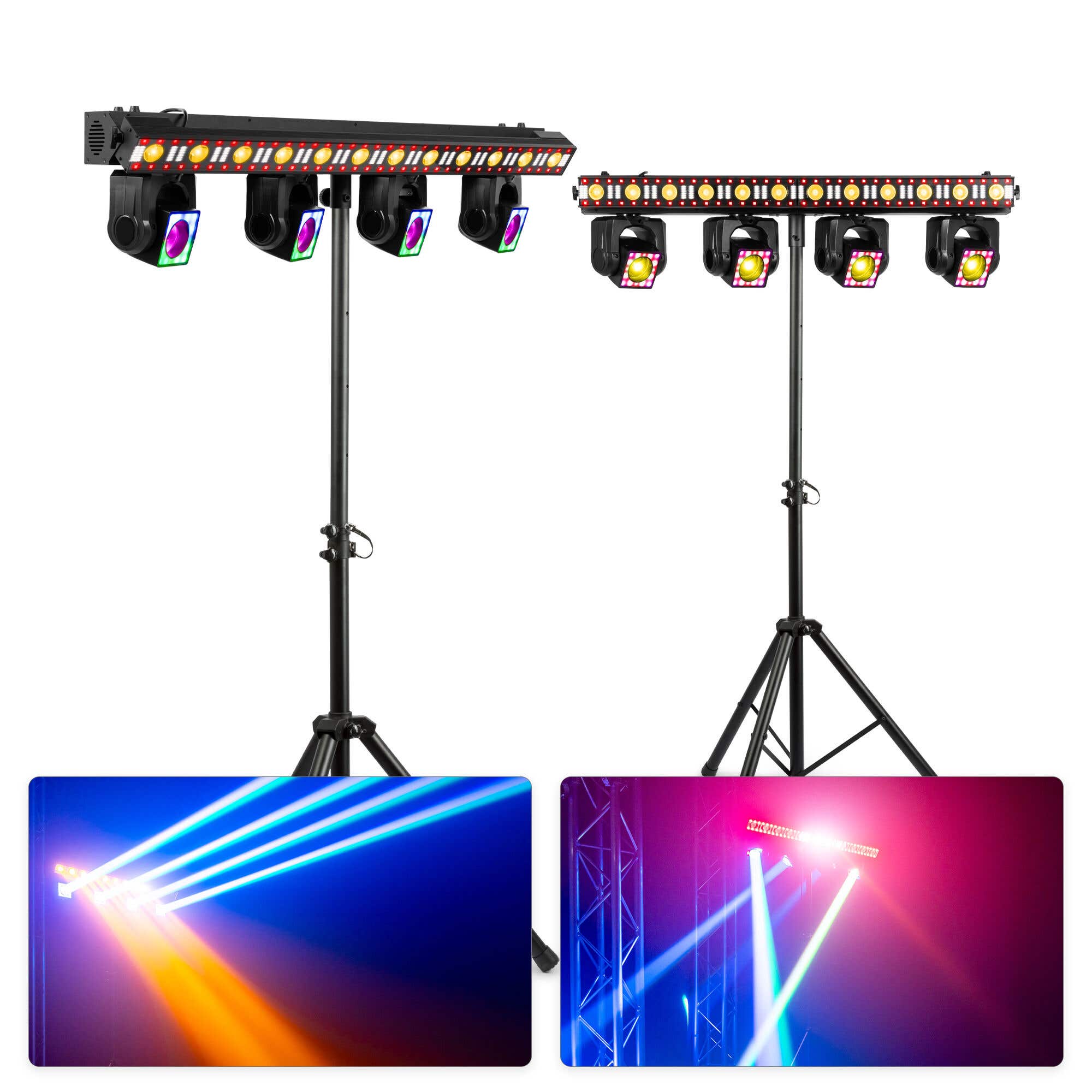 BeamZ Showbar GO Edge Set - Pack 2 Barres 4 Lyres LED RGBWA avec Barre LED et Stroboscope + Pieds - Éclairage DJ Scène Complet