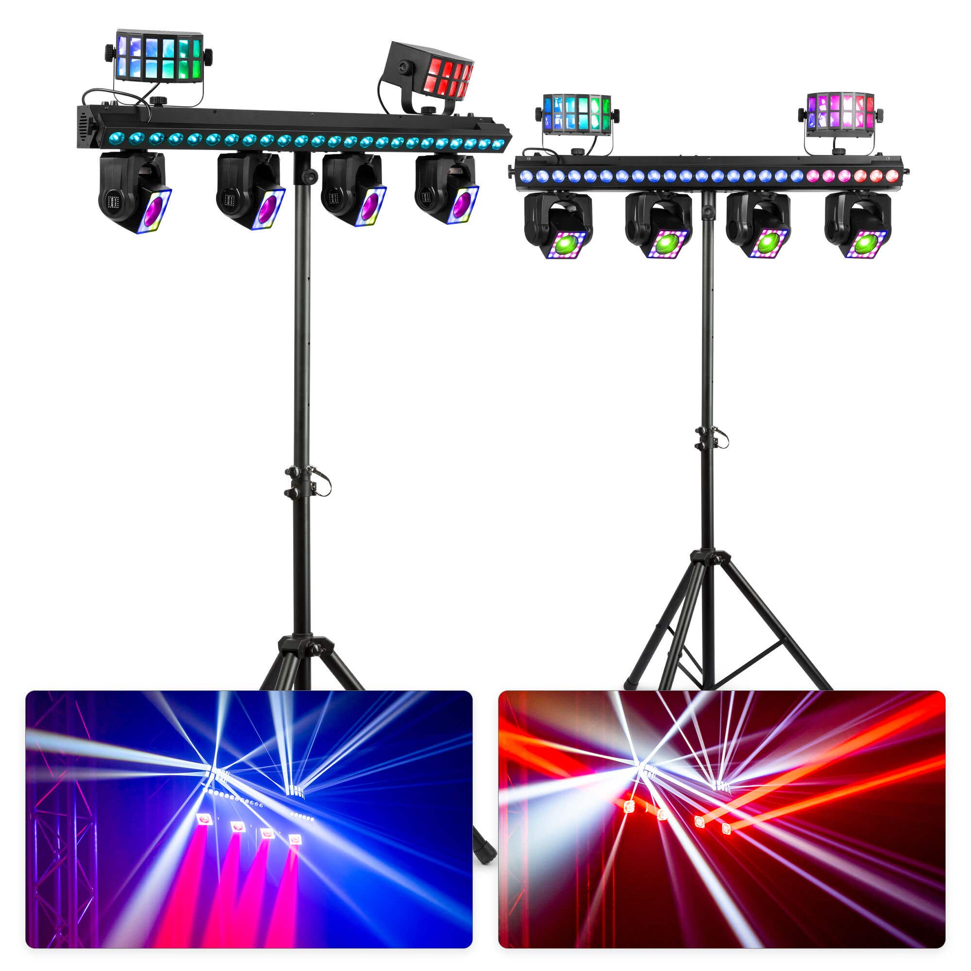 BeamZ Showbar GO Ultra Set - Pack 2 Barres 4 Lyres LED RGBW 160W avec Barre LED, Derby et Anneaux LED + Pieds - Éclairage DJ Scène Complet