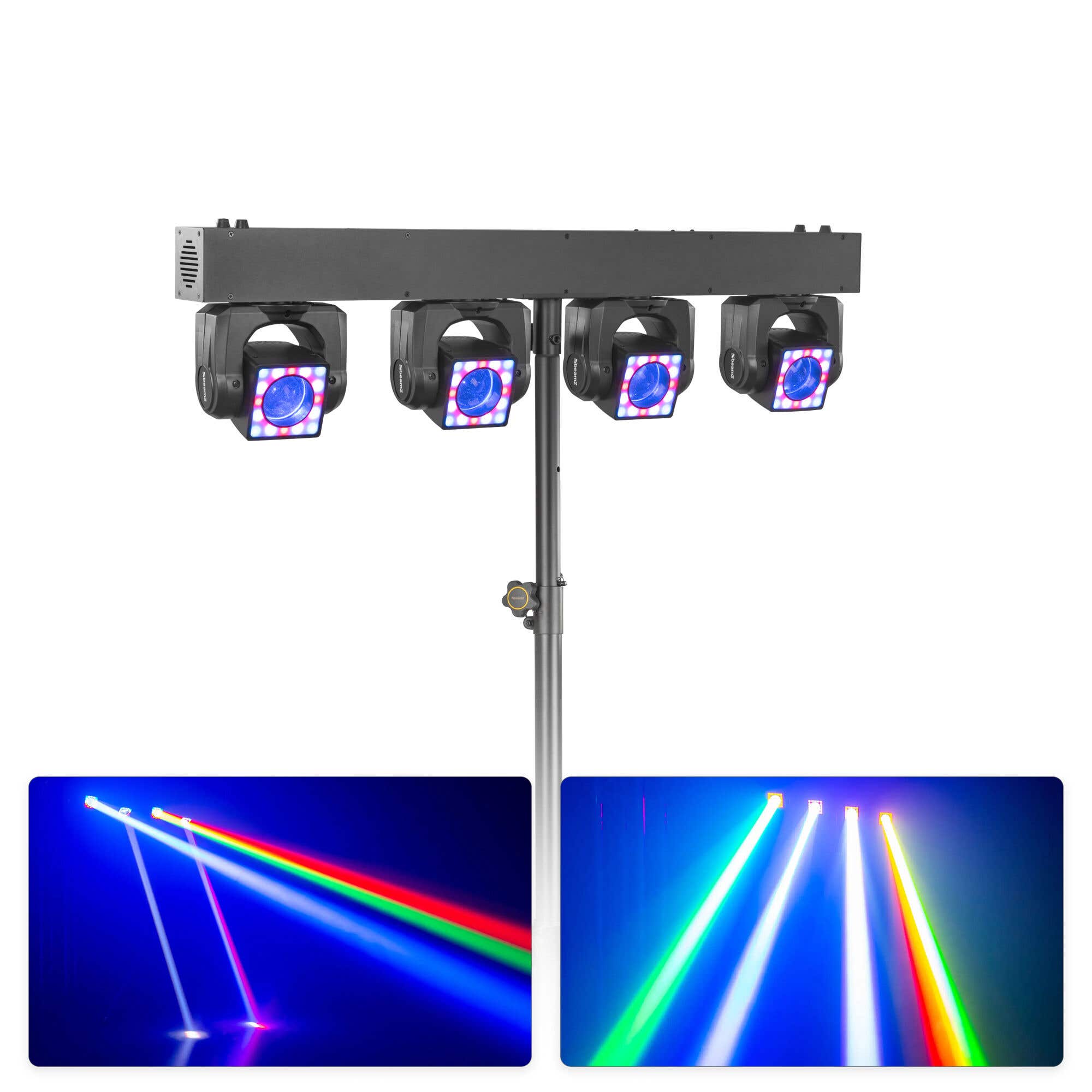 BeamZ Showbar GO Shine - Barre 4 Lyres LED RGBW 160W avec Anneaux LED + Pied - Éclairage DJ Scène