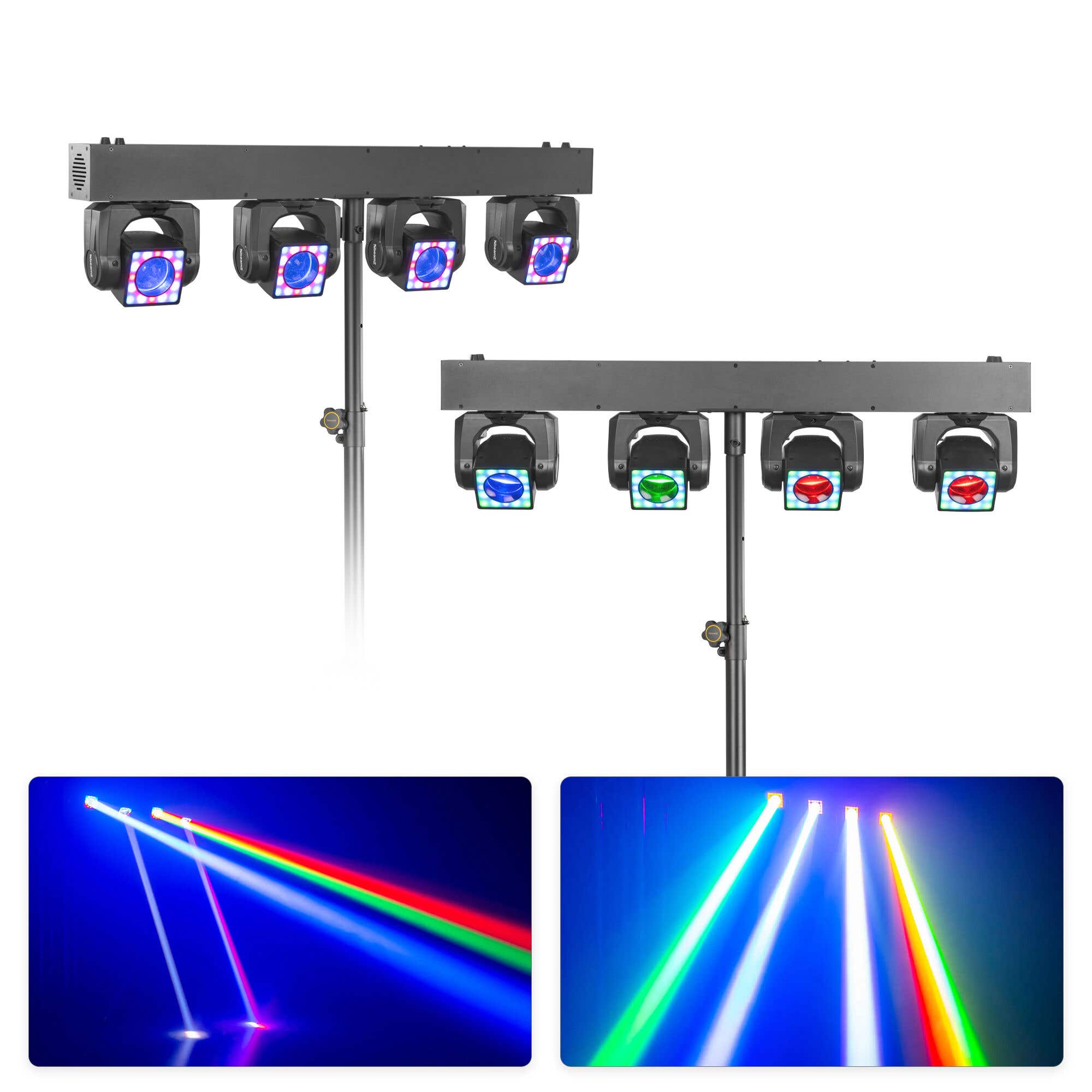 BeamZ Showbar GO Shine Set - Pack 2 Barres 4 Lyres LED RGBW 160W avec Anneaux LED + Pieds - Éclairage DJ Scène