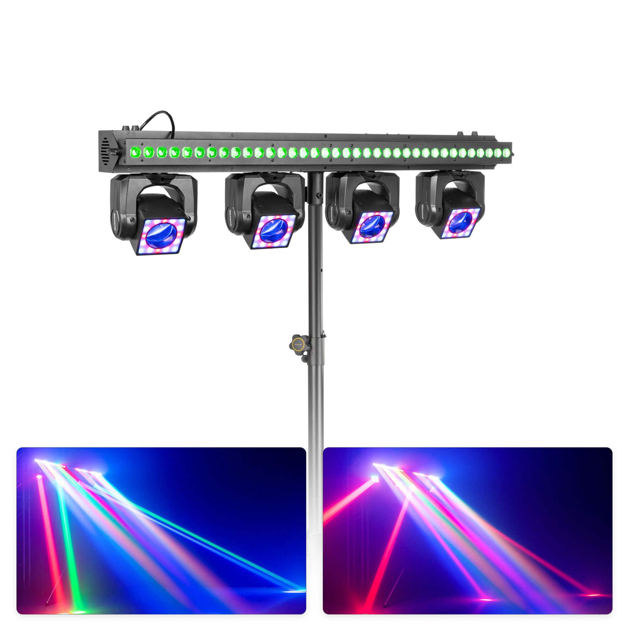 BeamZ Showbar GO Vibe - Barre 4 Lyres LED RGBW 160W avec Barre LED et Anneaux LED + Pied - Éclairage DJ Scène